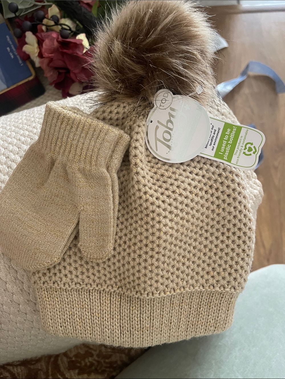 Kids Beige Knit Pom Pom Hat & Mittens Set